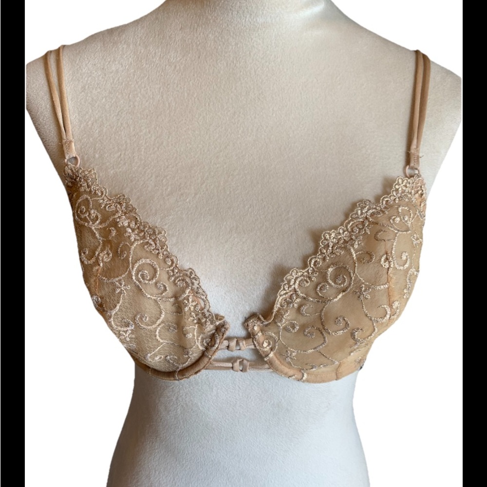 Victoria Secret Angel Sheer Unlined Underwire Bra Beige With Gold Embroidery 36D
